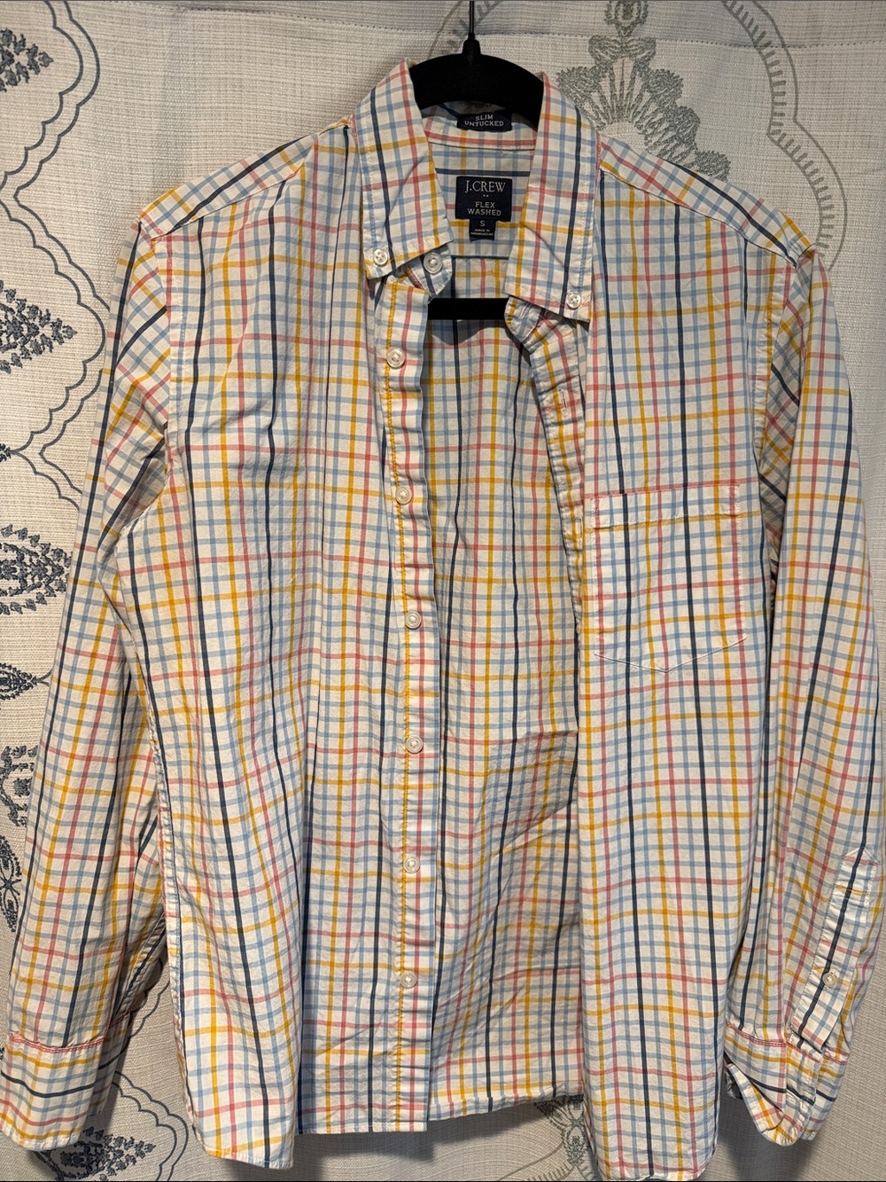 J. Crew Men's White Plaid Button-Down Shirt with Blue, Yellow & Red Checks